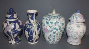 Three Ginger Jars with Oriental Design and Porcelain Vase