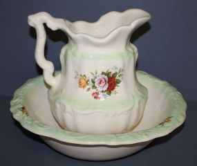 Ceramic Bowl and Pitcher with Painted Flowers