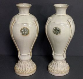 Pair of White Luster Ceramic Vases with Mother of Pearl Medallions