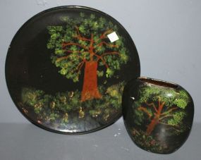 Painted Black Ceramic Charger with Trees and a Small Contemporary Ceramic Vase