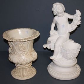 Cream Colored Resin Decorative Urn and Decorative White Chalkware Cupid