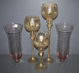 Two Pink Glass Vases and Three Gold Speckled Tall Glasses
