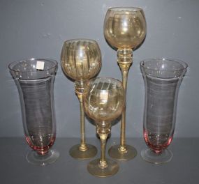 Two Pink Glass Vases and Three Gold Speckled Tall Glasses