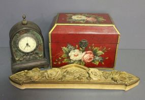 Painted Floral Red Lacquer Box, Wood Mantel Clock and Resin Rose Carved in Wall Piece