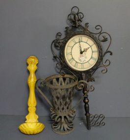 Iron Latticework Vase, Painted Gold Iron Ladle and Iron Wall Clock