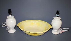 Yellow Ceramic Bowl and Two Painted White Urn Shaped Lamps