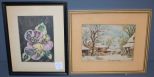 Print of Pansies and Stitchwork of Farm Yard in Frame