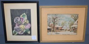 Print of Pansies and Stitchwork of Farm Yard in Frame