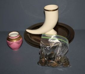 Candle and Rock Display, Ceramic Horn and Pink Bavarian Vase