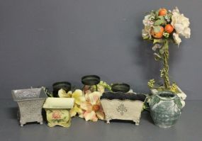 Group of Plastic Flower Arrangement and Tin Platters