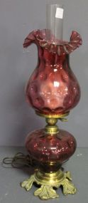 Vintage Cranberry Parlor Lamp on Brass Base Description