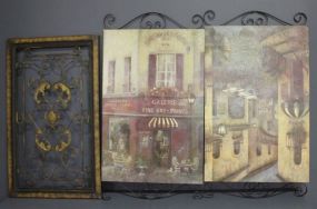 Decorative Wall Iron Plaque and Two Prints in Decorative Iron Trim Description
