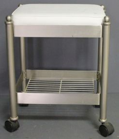 Chrome Bench with White Vinyl Top and Shelf Description