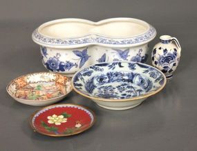 Group of Three Blue and White Dishes and Two Oriental Design Saucers Description