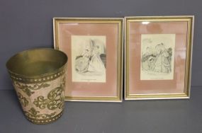 Vintage Gold Decorated Garbage Can and Two Vintage Lady Godey Prints Description