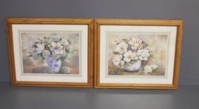 Two Prints of Magnolia's in Blue and White Vases Description