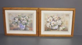 Two Prints of Magnolia's in Blue and White Vases Description