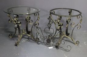 Two Iron Glass Top Tables and Iron Wall Piece Description
