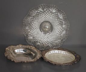 Pressed Glass Tray and Two Silverplate Dishes