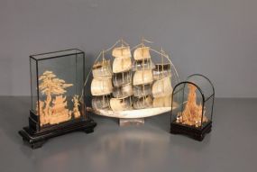 Two Chinese Cork Carving Sculptures under Glass and Cowhorn Carved Ship