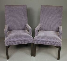 Pair of Contemporary Blue Velvet Strip Arm Chairs