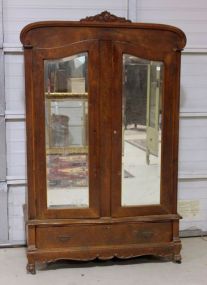 20th Century Oak Double Door Armoire with Beveled Glass