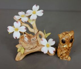 Rock Figure of Owl along with Unmarked Porcelain Figurine of Bird in Nest