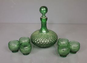 Green Diamond Design Decanter along with Six Small Cups