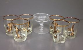 Set of Six Tumblers with Hand Painted Birds along with Glass Compote