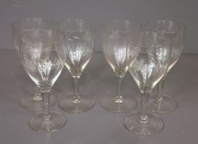 Set of Six Etched Glass Wine Glasses