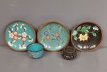 Small Cloisonne Planter on Stand and Three Cloisonne Dishes
