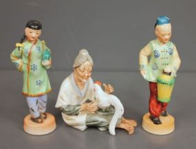 Pair of Oriental Japan Figurines along with Lady Seated with Rooster