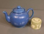 Green Wedgewood Jar along with Blue Teapot