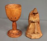 Carved Wood Monk and Carved Wood Goblet