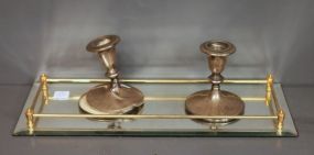 Mirror Tray with Brass Gallery along with Pair of Sterling Candlesticks