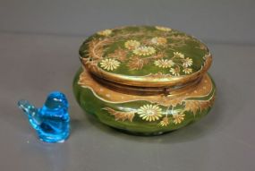 Victorian Green Glass Powder Jar with Gold Floral Decorations along with Art Glass Blue Bird