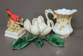 Ceramic Magnolia, Hand Painted Pitcher and Gorham Red Bird Music Box
