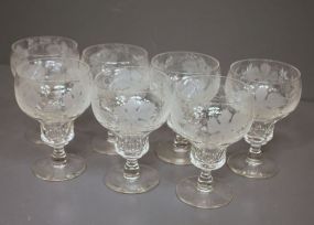 Set of Seven 20th Century Etched Wine Glasses