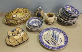 Pottery Tureen. Deft Teapot, Plates & Blue and White Bowls