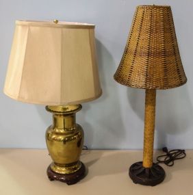 Two Decorative Brass and Rattan Table Lamps