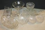 Lot of Pressed Glass Bowls, Coasters, Creamer/sugar, and tray.