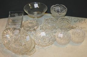 Lot of Pressed Glass Bowls, Coasters, Creamer/sugar, and tray.