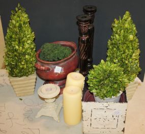 Tin Planter, Candlesticks, Candles, Small Planters with Trees, and Centerpiece Tin Planter, Candlesticks, Candles, Small Planters with Trees, and Centerpiece.