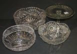 Three Cut Glass Bowls, and Press Glass Cake stand Three Cut Glass Bowls, and Press Glass Cake stand.