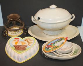 Rooster Ceramic Heart Shaped Mold, Tureen and Under plate, Various Dishes, Trivet, and Candlestick Rooster Ceramic Heart Shaped Mold, Tureen and Under plate, Various Dishes, Trivet, and Candlestick.