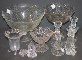 Grouping of Press Glass compotes, candlesticks angel, two dishes, 10 pcs (Gorham crystal maryl jesus).