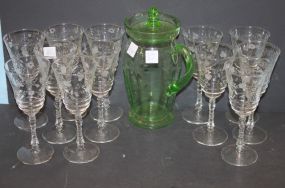 12 Etched Glasses, Green Etched Depression Glass Covered Pitcher 12 Etched Glasses, Green Etched Depression Glass Covered Pitcher (cracked).