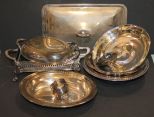 Box Lot of Silverplate tops, bowls, rectangular casserole frame.