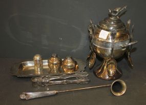 Lot of Silverplate sugar with spoons, snuffer, tongs, and shakers.