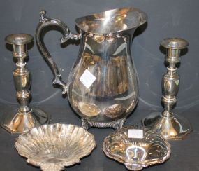 Silverplate Pitcher, Shell Dishes, and Pair Candlesticks Silverplate Pitcher, Shell Dishes, and Pair Candlesticks 6